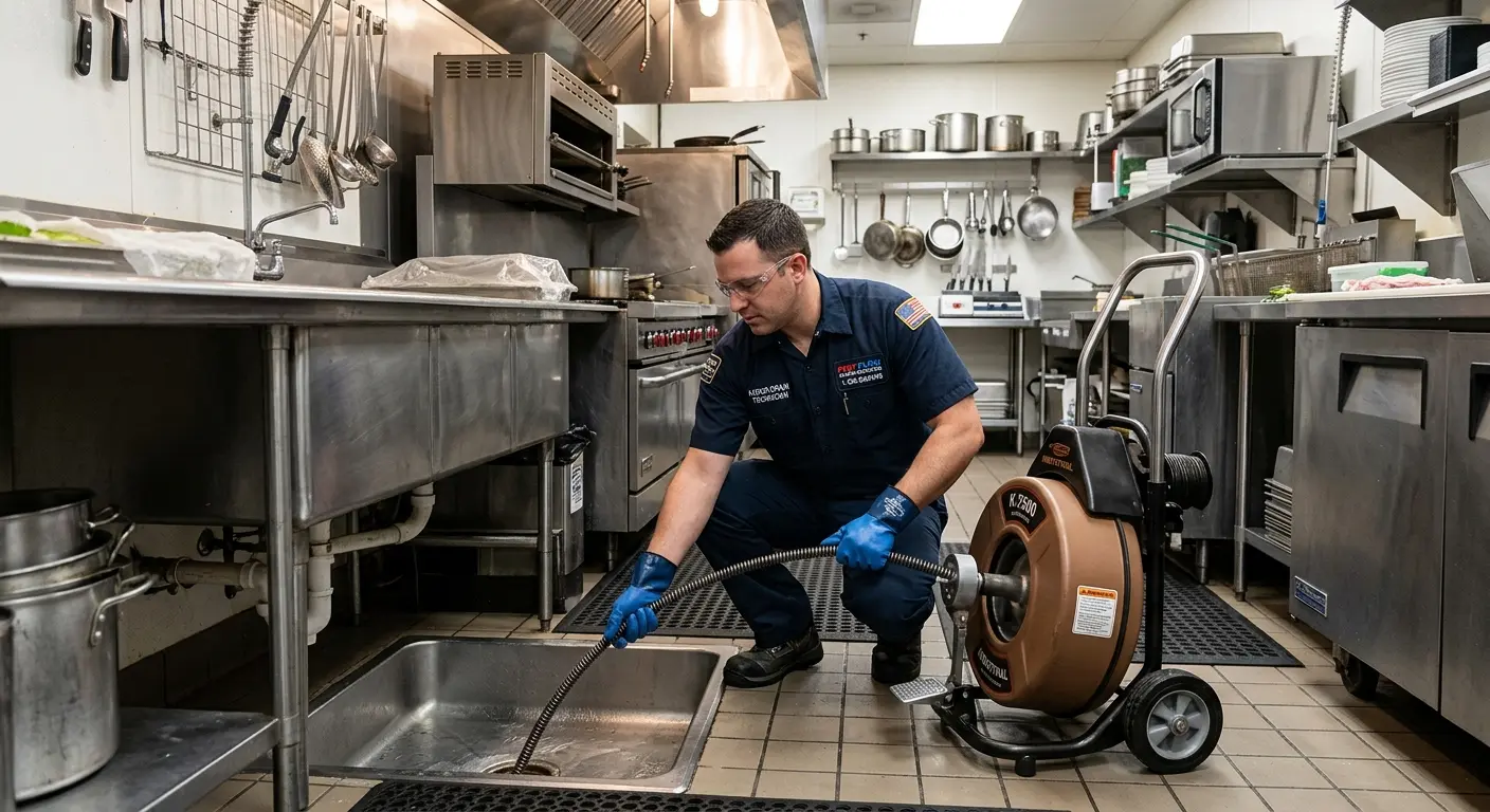 Commercial drain cleaning service in a restaurant kitchen in Woodcliff Lake