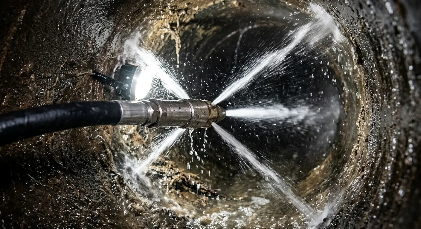 High-pressure hydro jetting nozzle cleaning sewer pipe for Trenchless Sewer Repair in Woodcliff Lake