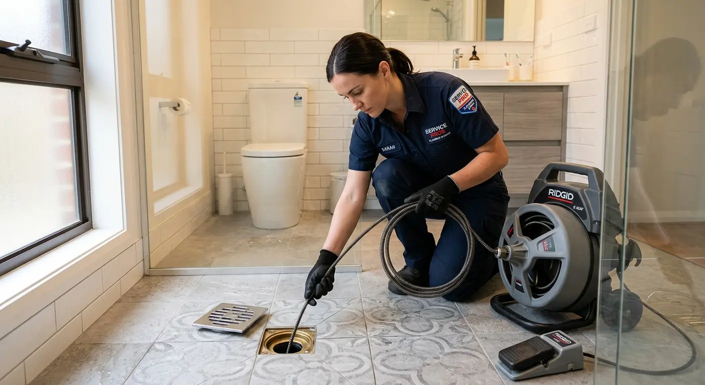 Technician clearing a bathroom floor drain for Sewer Line Installation in Woodcliff Lake